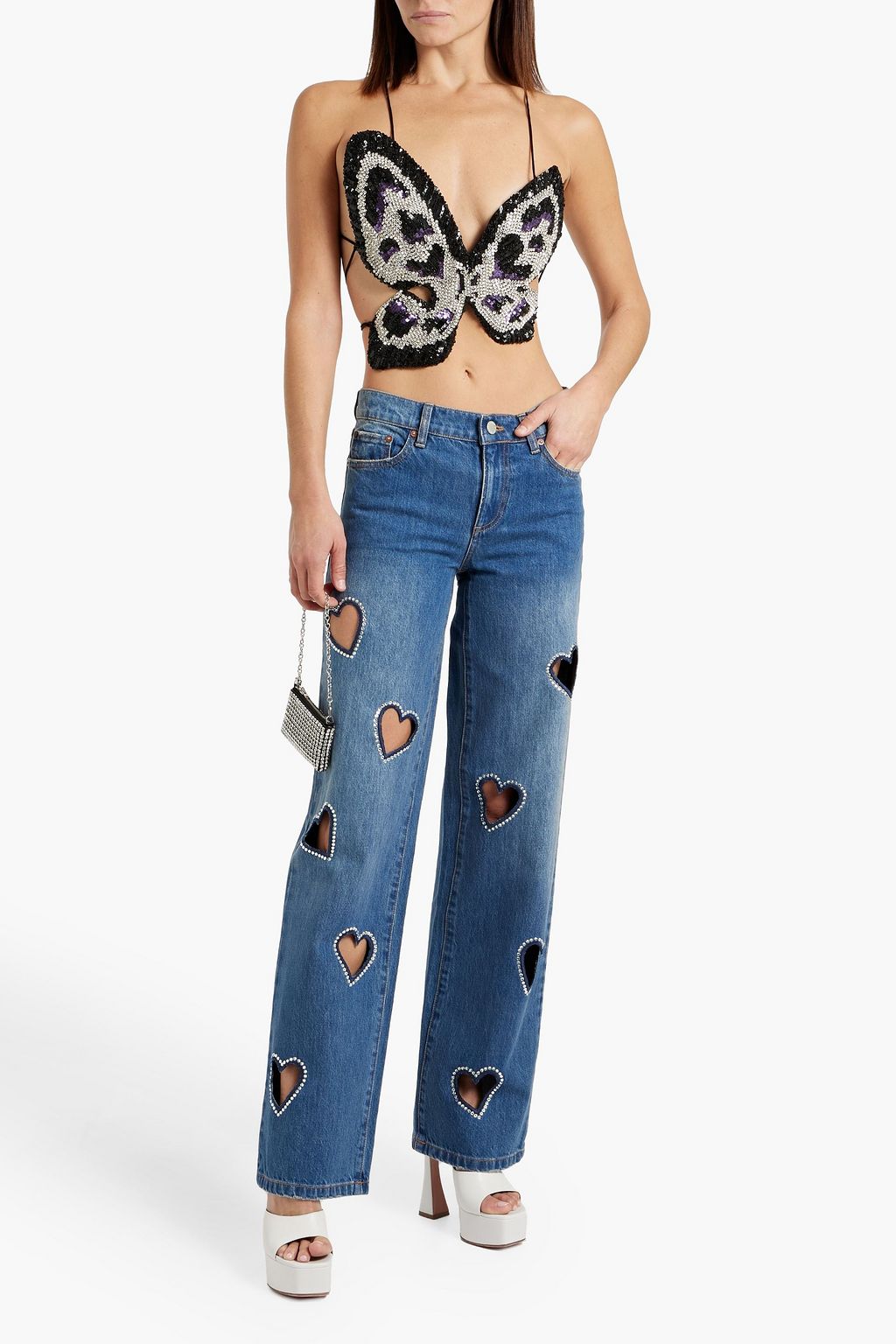 AREA Cropped embellished padded tulle top