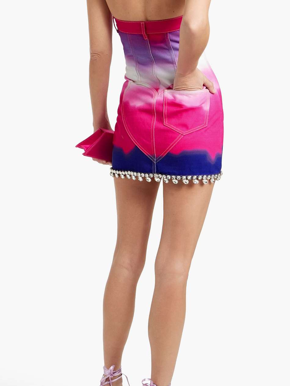 strapless crystal-embellished tie-dyed denim mini dress