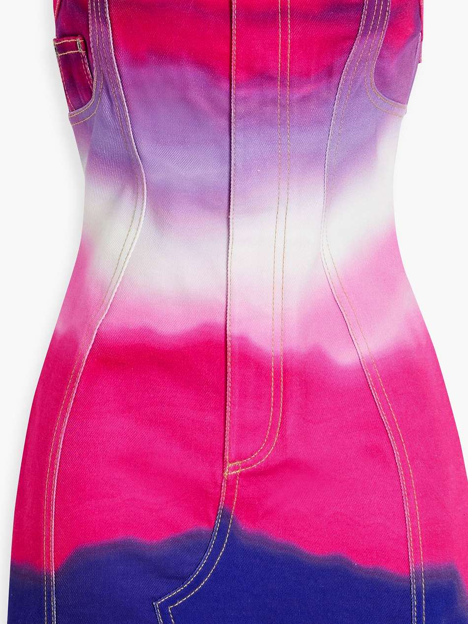 strapless crystal-embellished tie-dyed denim mini dress