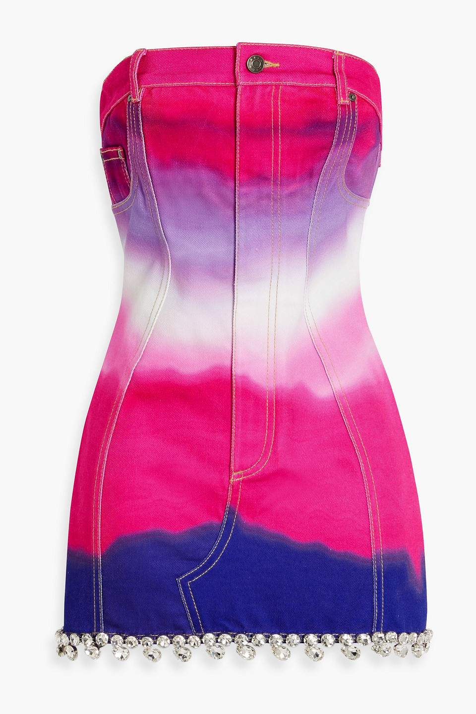 Area Strapless Crystal-embellished Tie-dyed Denim Mini Dress In Bright Pink