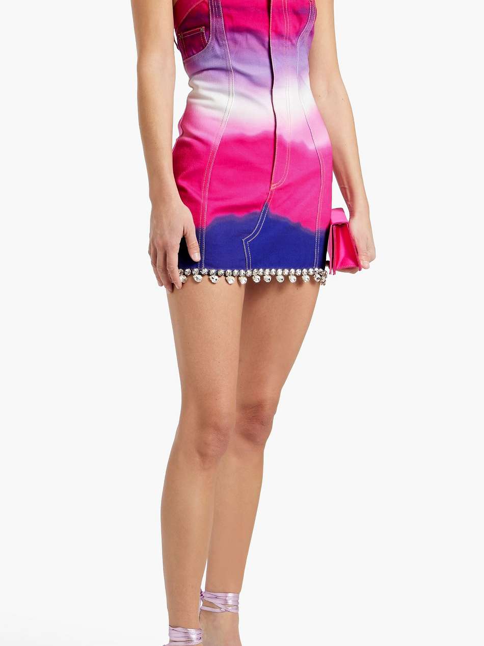 strapless crystal-embellished tie-dyed denim mini dress