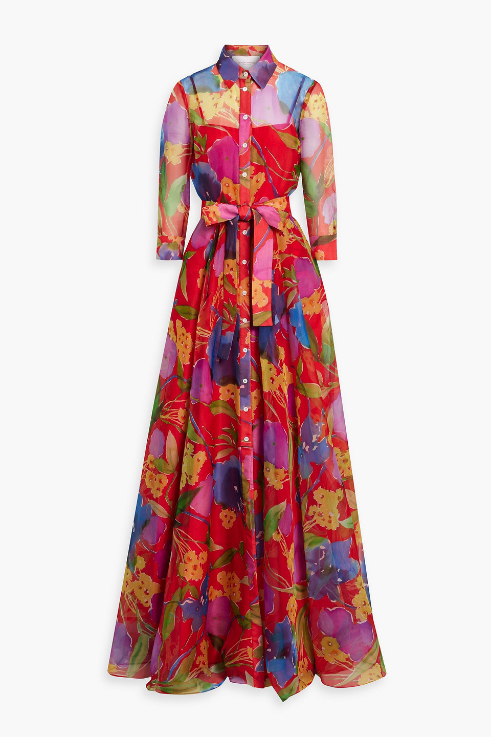 Carolina Herrera Floral-print Belted Trench Gown In Lacquer