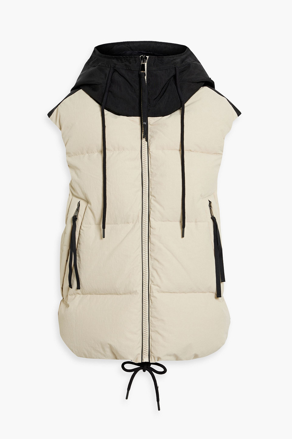 Quilted shell and canvas hooded down vest