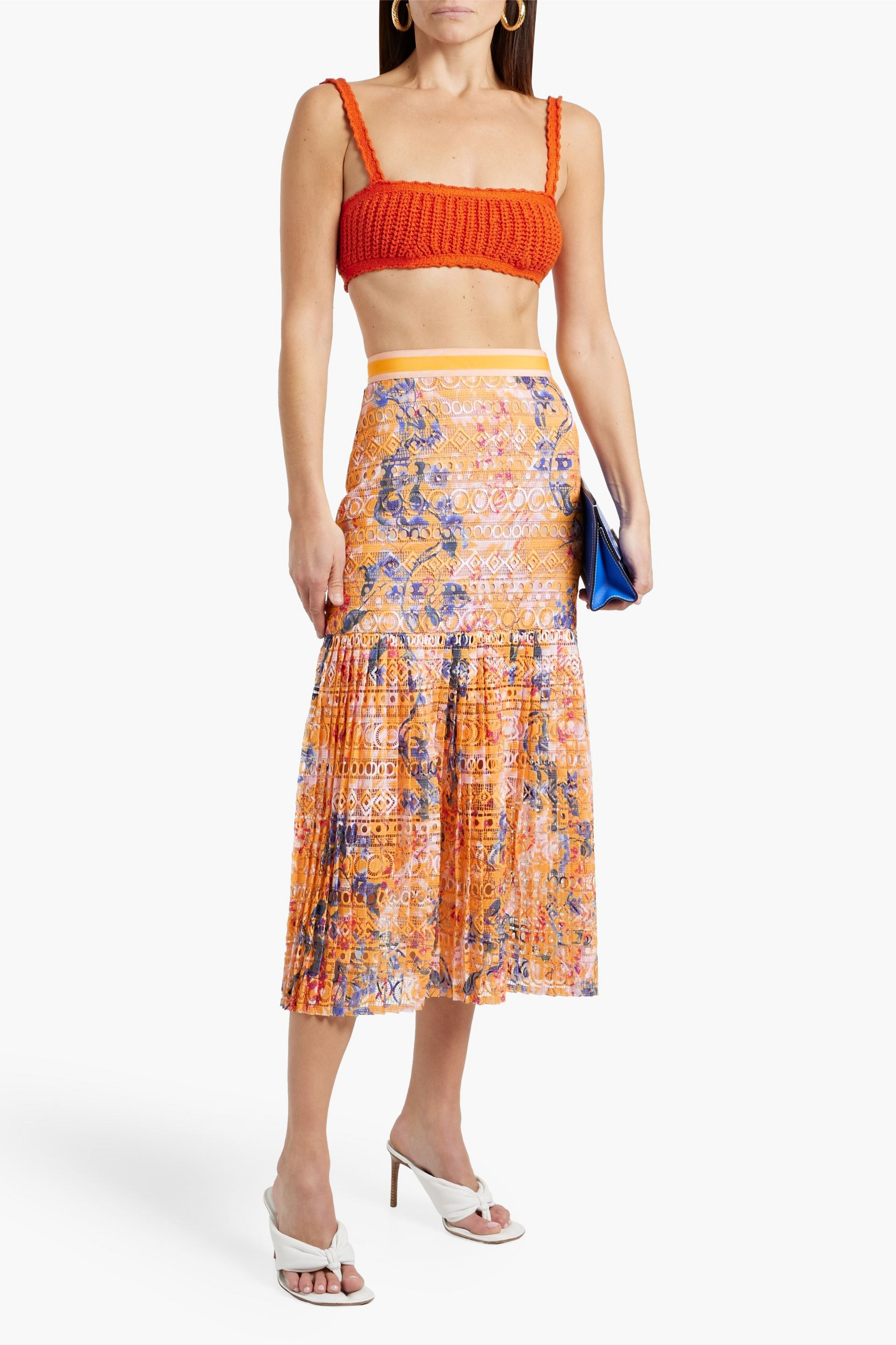Saloni Diana printed crocheted lace midi skirt
