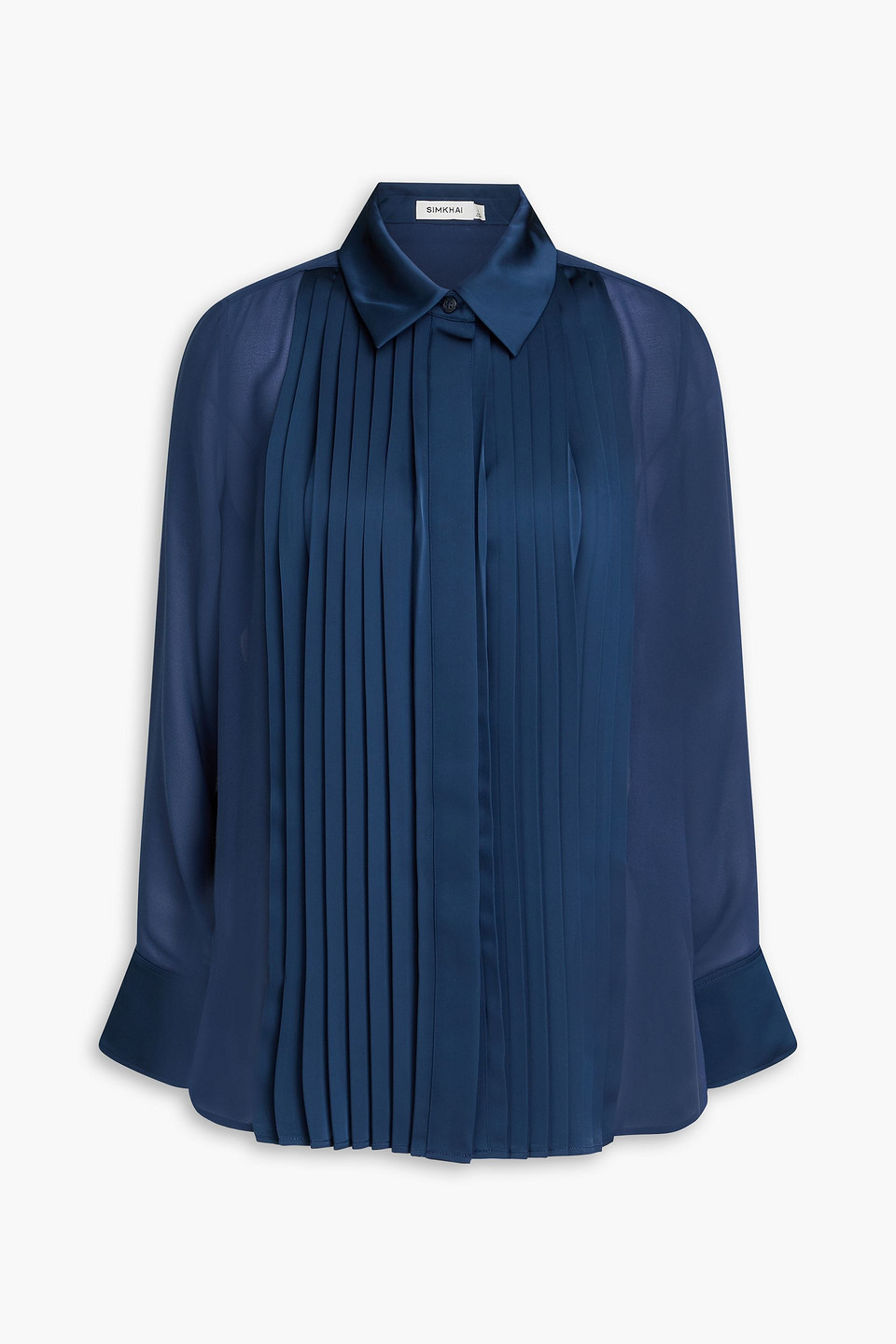 Simkhai Vinka Pleated Satin-paneled Georgette Shirt In Navy
