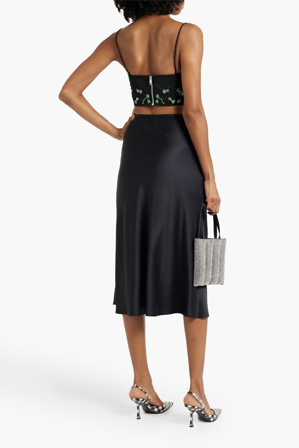 GANNI Cropped embroidered satin-twill top