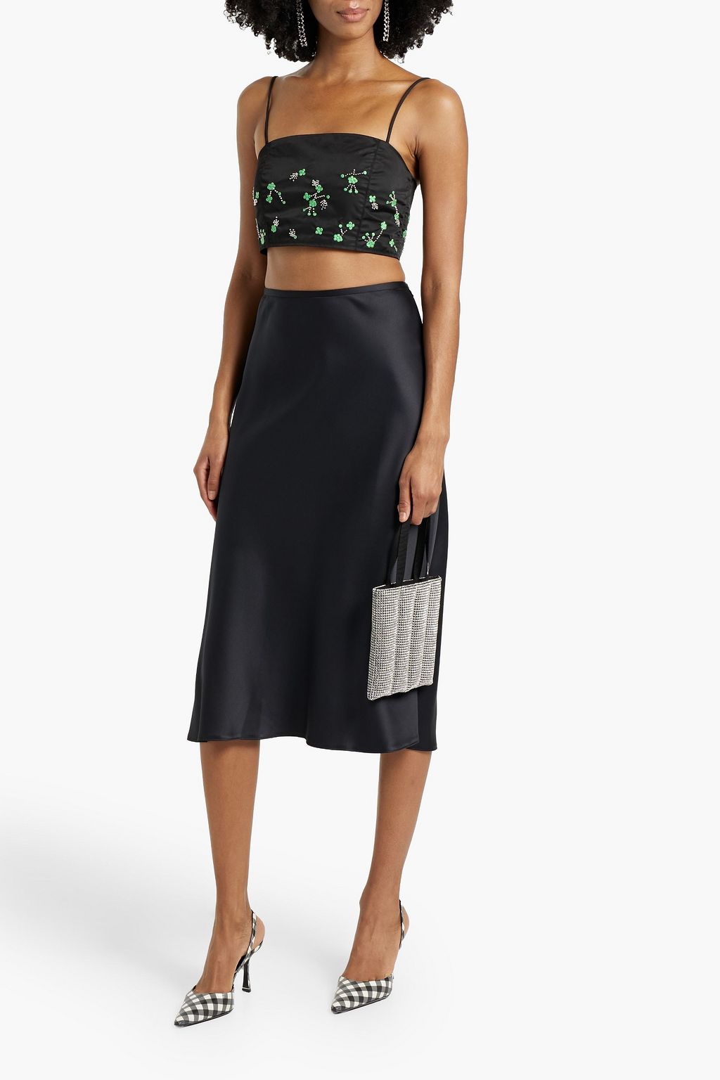 GANNI Cropped embroidered satin-twill top