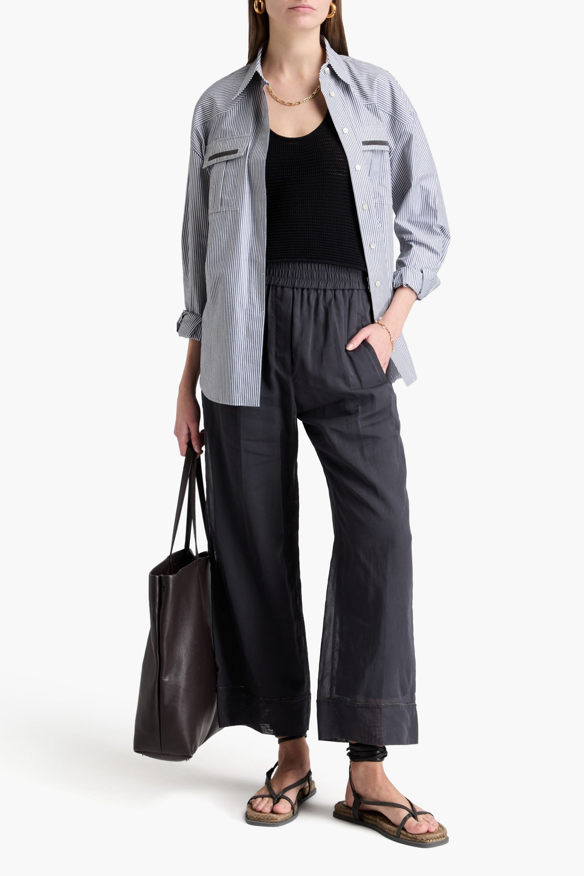 Brunello Cucinelli Cropped bead-embellished cotton track pants