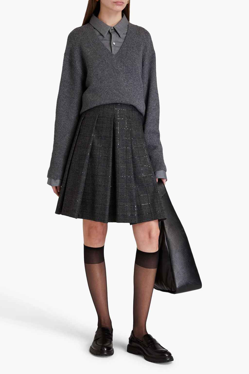 BRUNELLO CUCINELLI تنورة قصيرة من مزيج الصوف بنقش مربعات بتصميم بكسرات