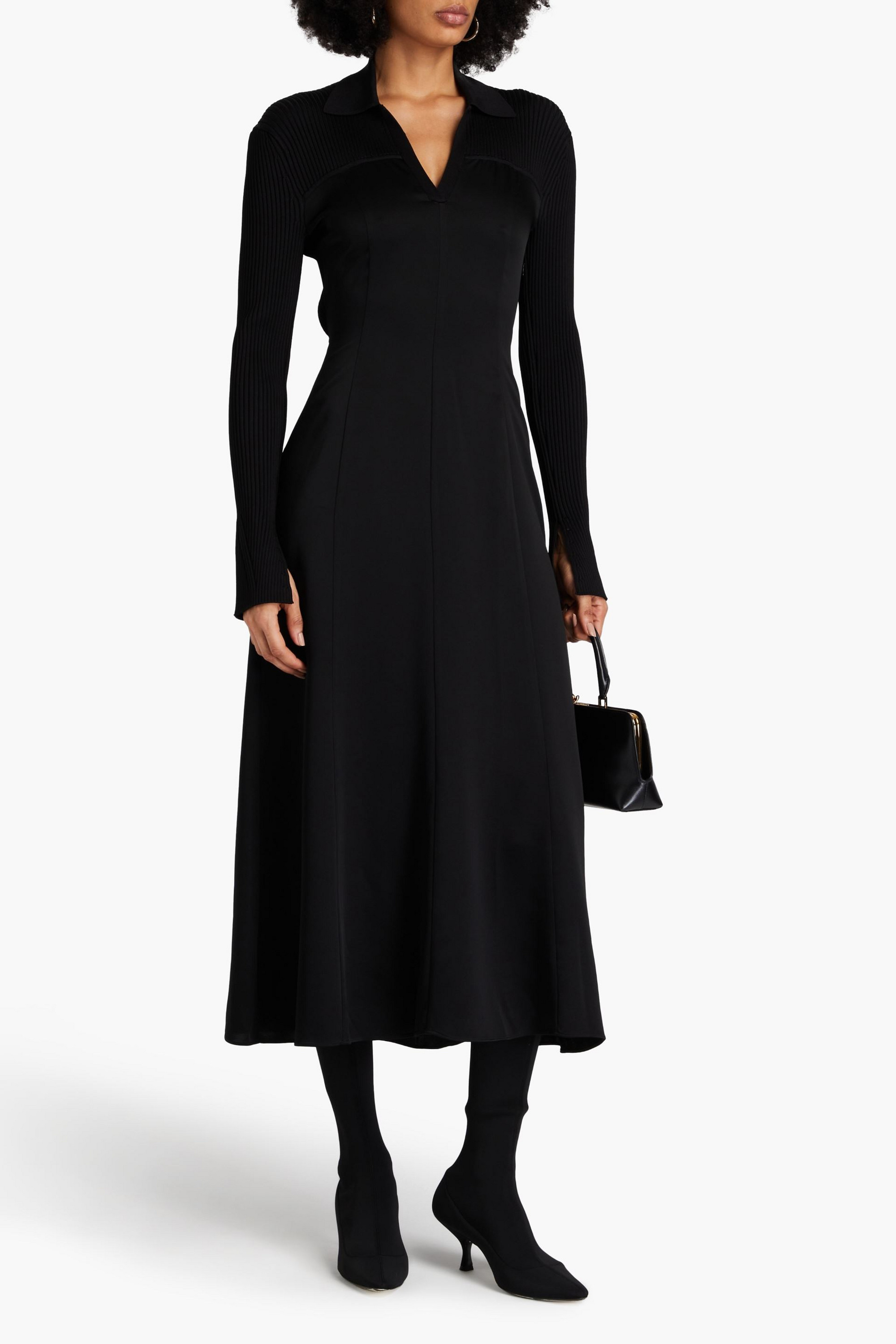 SIMKHAI Ribbed knit-paneled satin-crepe midi dress
