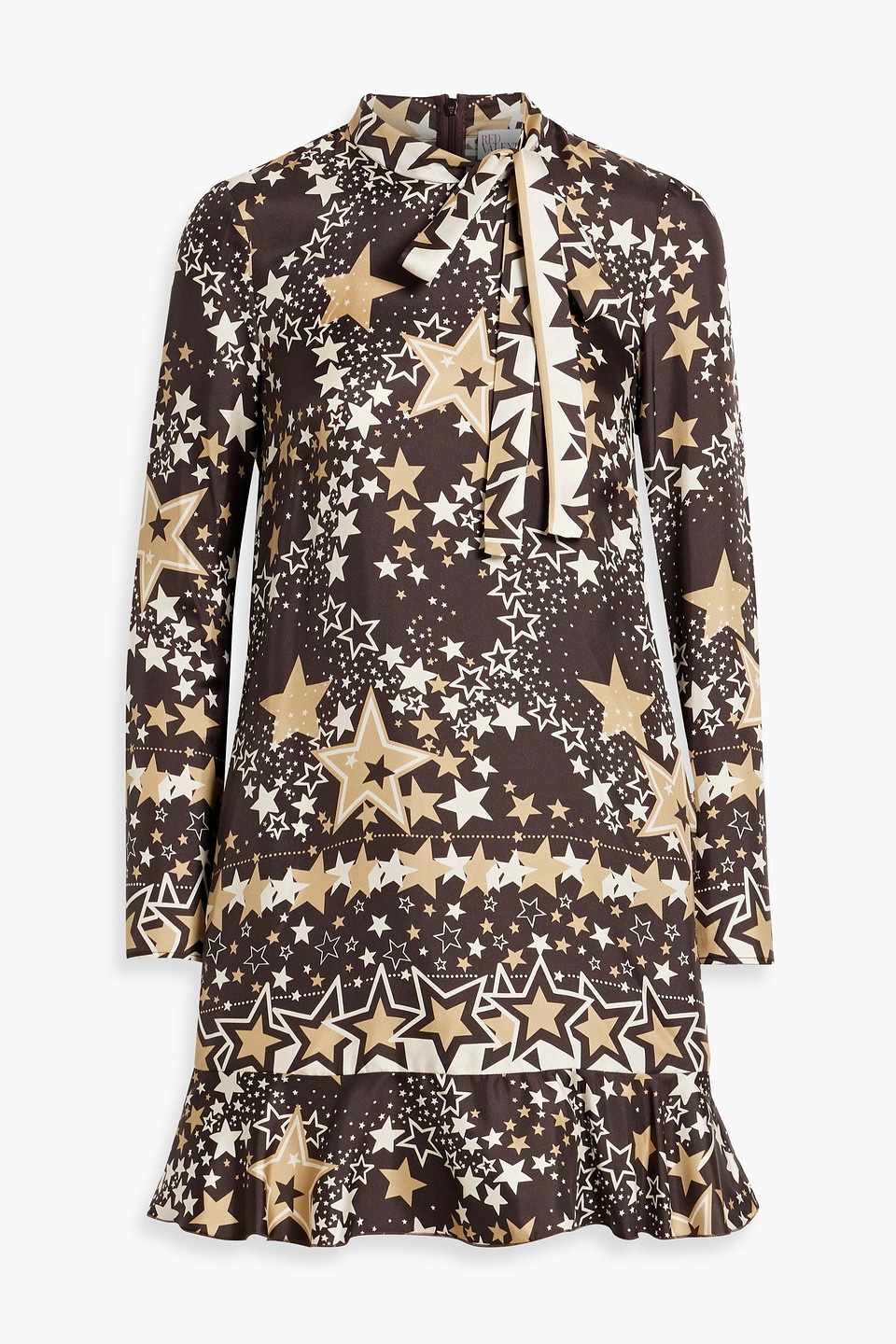 Red Valentino Pussy-bow Printed Silk-twill Mini Dress In Brown