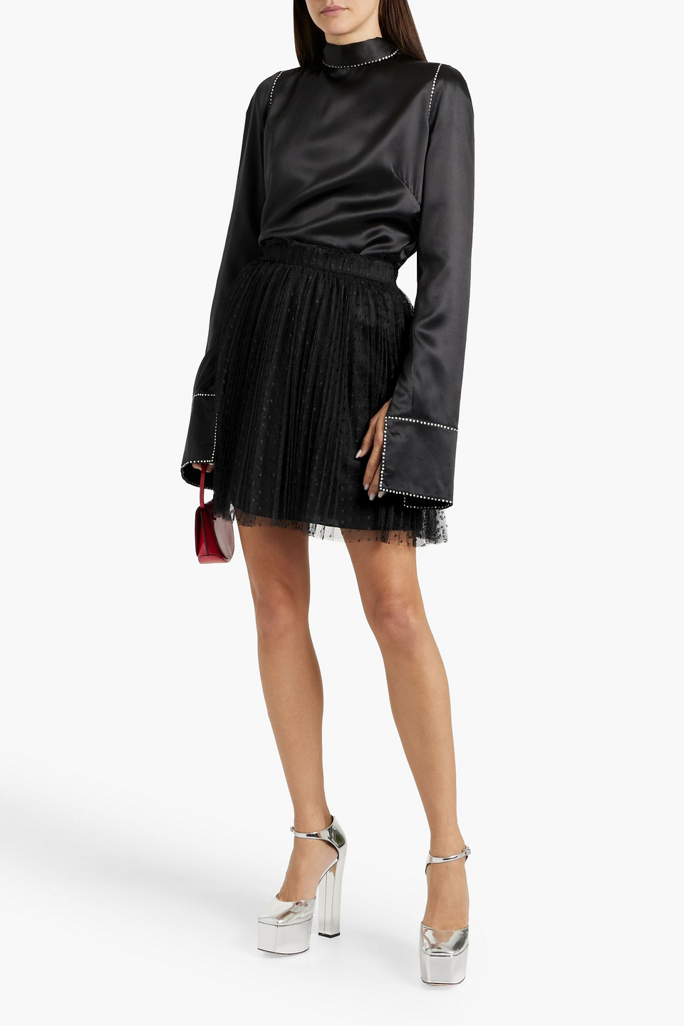 Red Valentino Pleated Point D'esprit Mini Skirt In Black