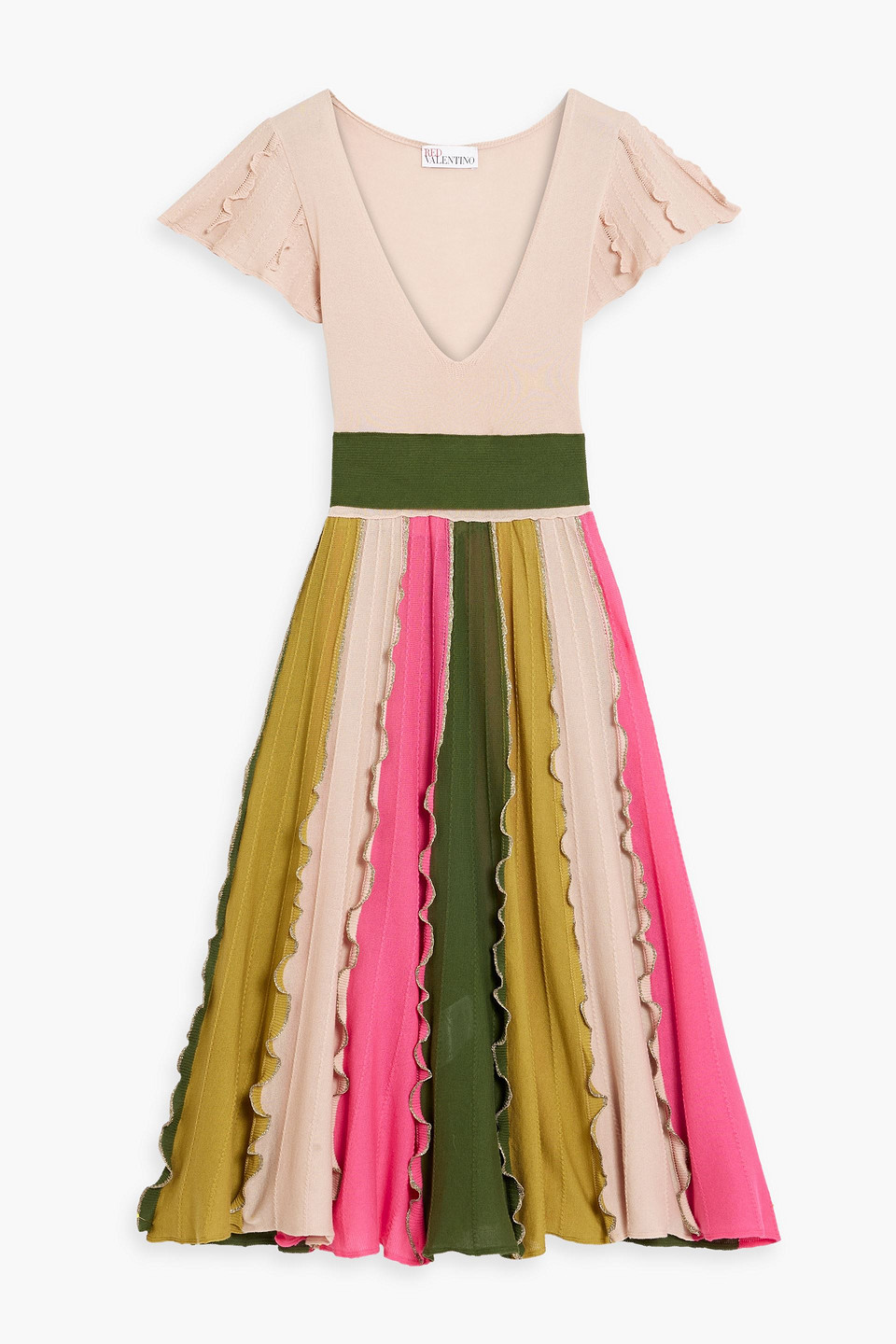 Red Valentino Ruffled Color-block Cotton-blend Midi Dress In Pink