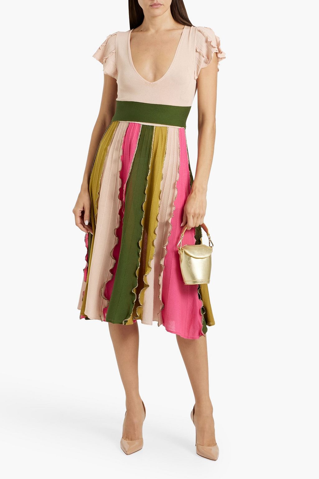 REDVALENTINO Ruffled color-block cotton-blend midi dress