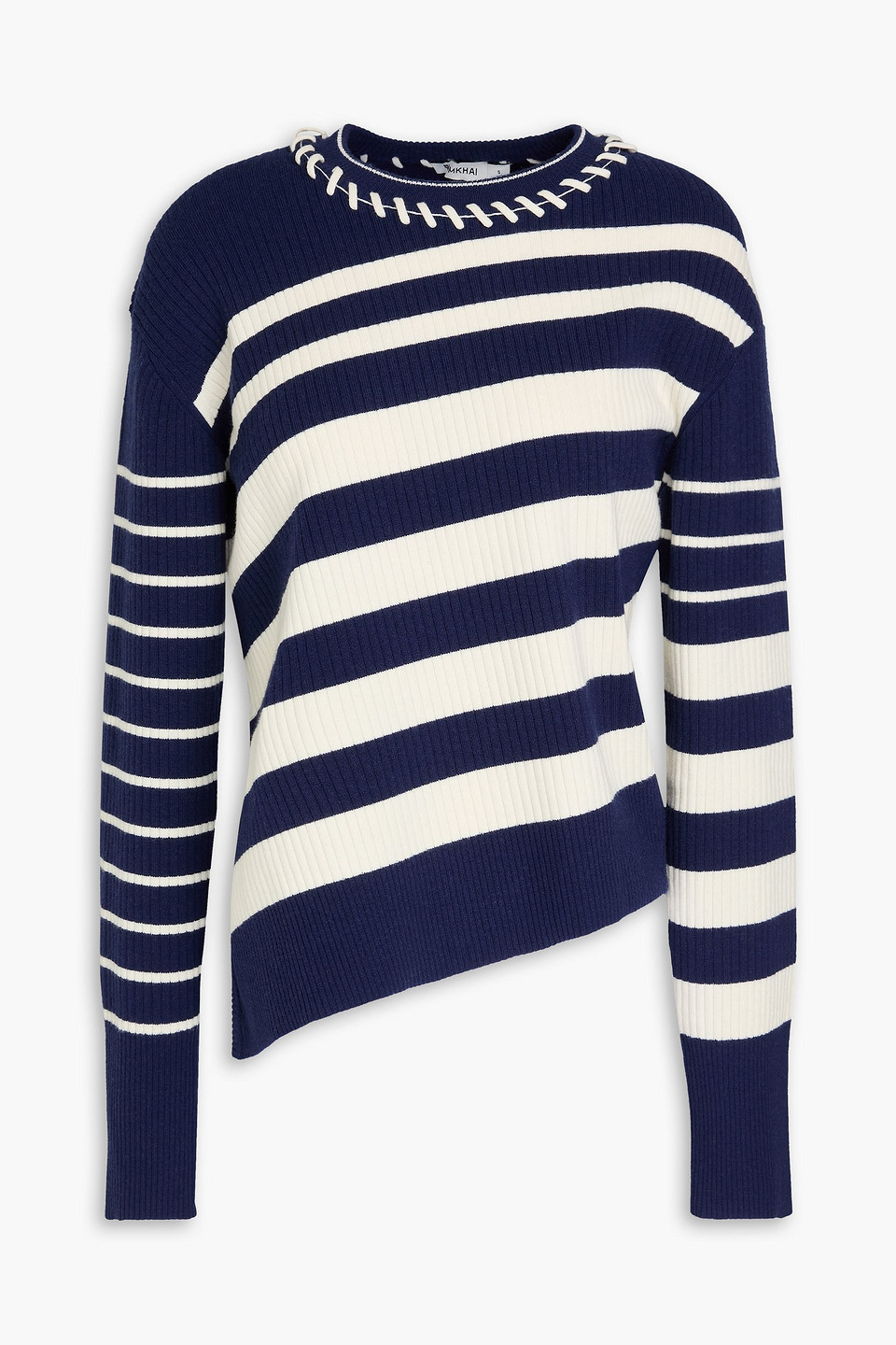 Simkhai Asymmetric Striped Ribbed Wool-blend Sweater In Navy