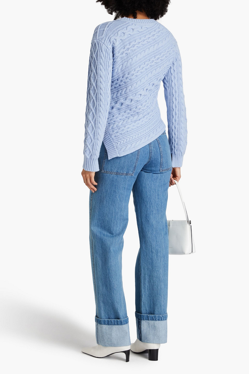Shop Simkhai Agathe Asymmetric Cable-knit Cotton-blend Sweater In Light Blue