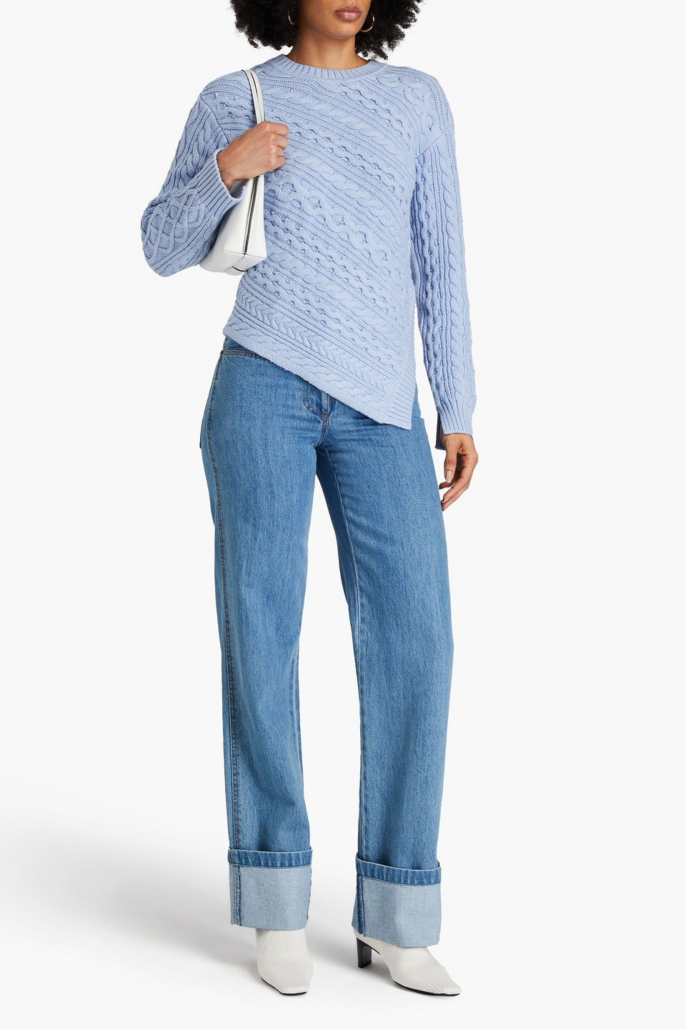 Shop Simkhai Agathe Asymmetric Cable-knit Cotton-blend Sweater In Light Blue