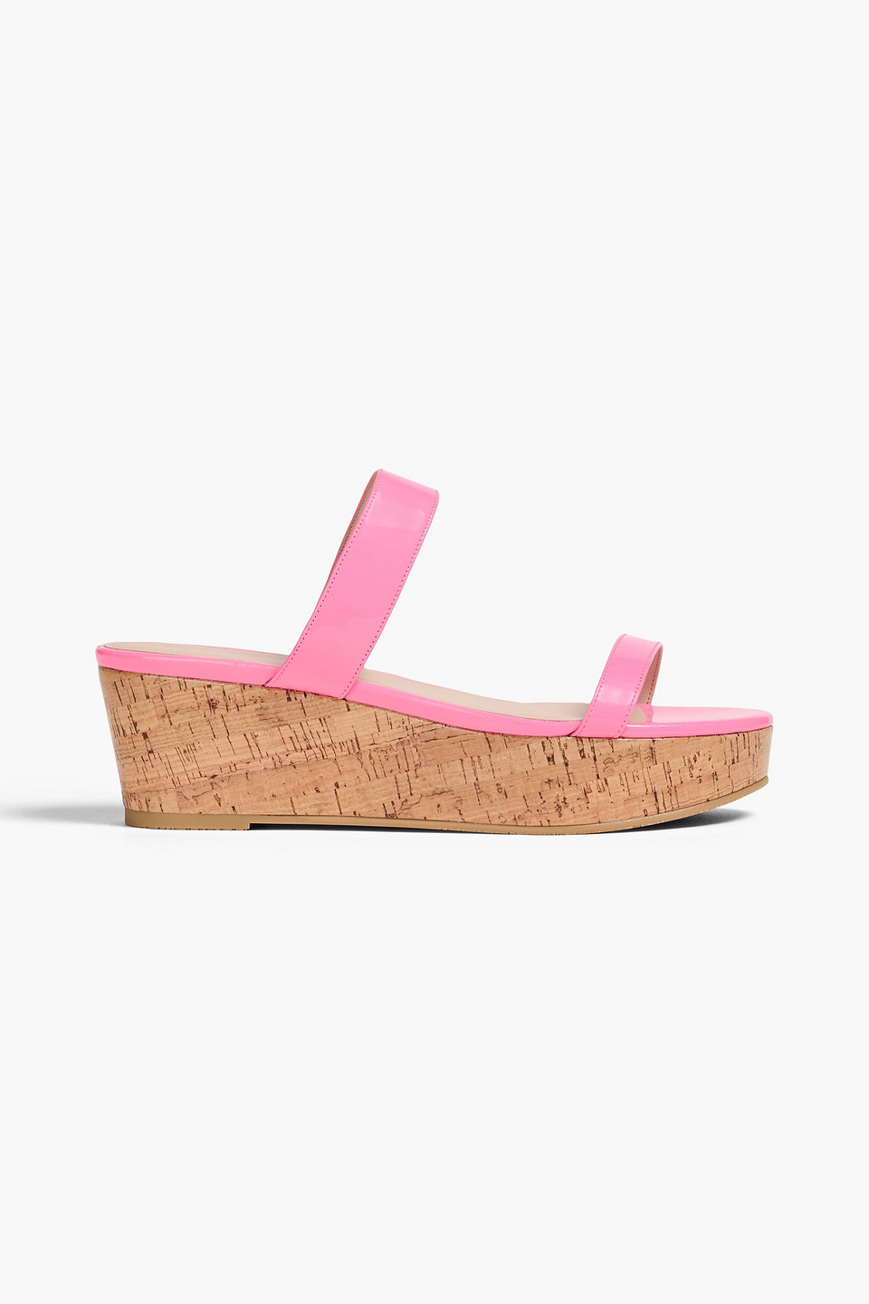 Stuart Weitzman Patent-leather Cork Wedge Mules In Pink