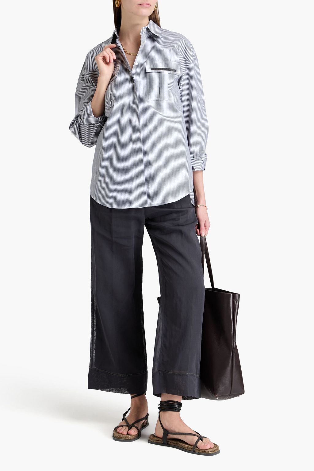 BRUNELLO CUCINELLI Gestreiftes Hemd aus Popeline aus einer Baumwollmischung mit Metallic-Effekt