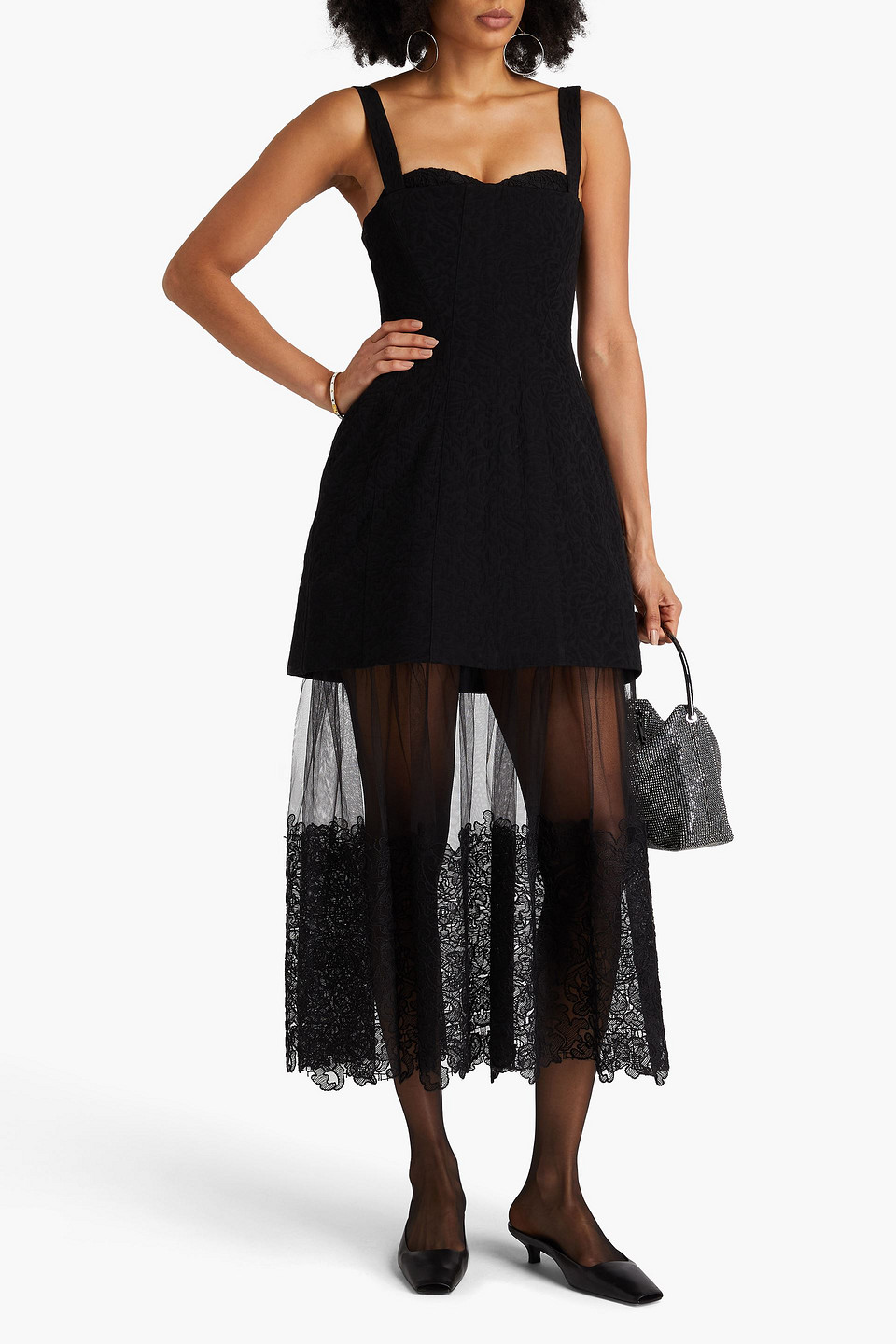 Simkhai Callan Layered Embroidered Tulle And Cloqué Midi Dress In Black