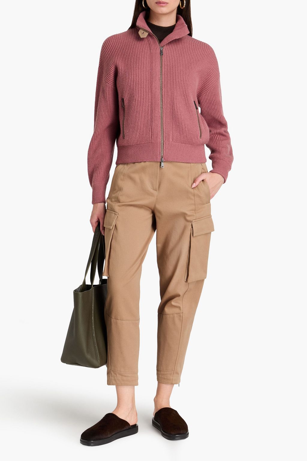 BRUNELLO CUCINELLI Pullover aus geripptem Kaschmir mit Zierperlen und Reißverschluss