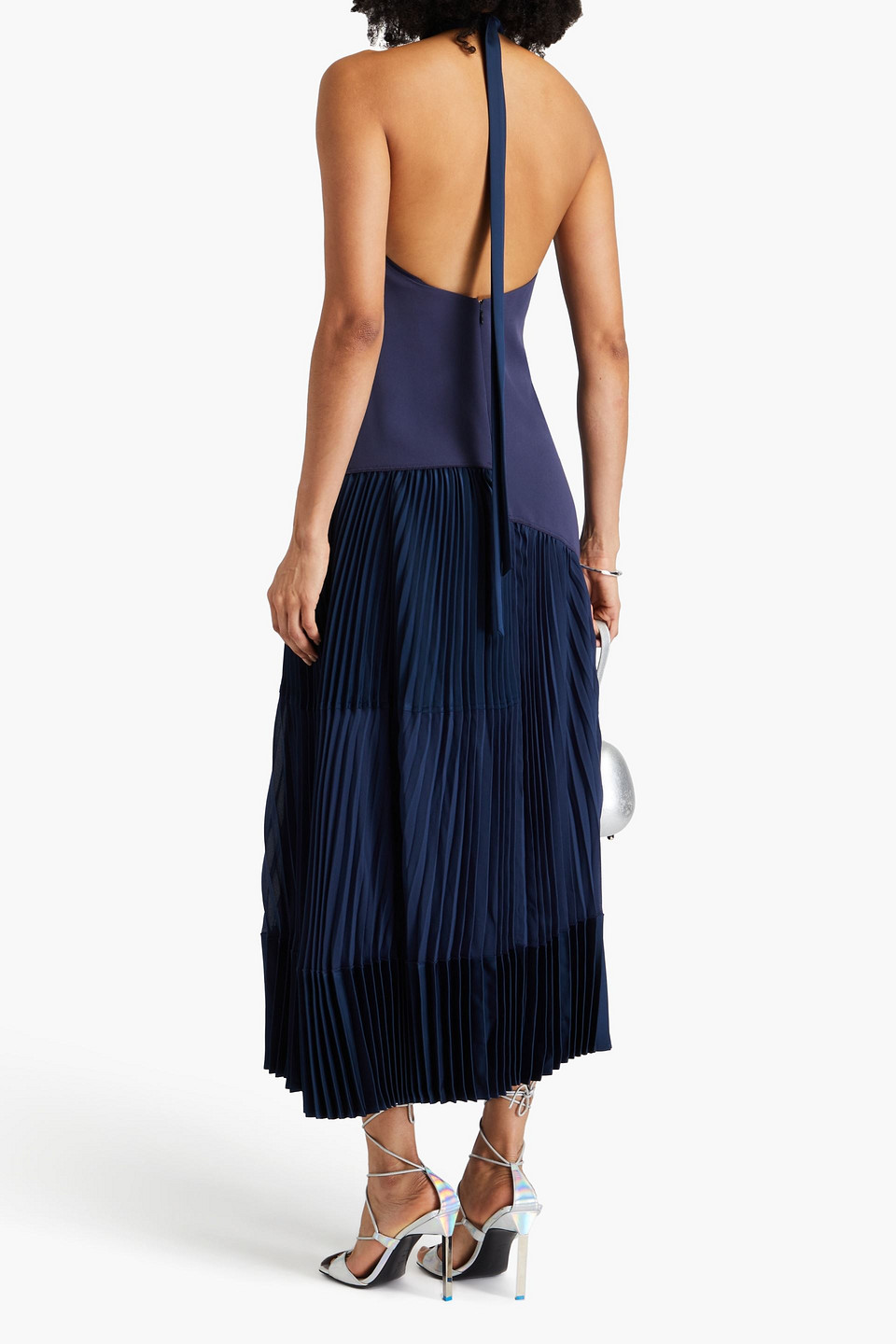 Simkhai Hazel Pleated Crepe Halterneck Midi Dress In Navy