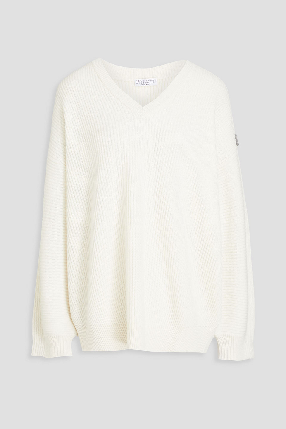 Brunello Cucinelli Bead-embellished Ribbed Cashmere Sweater In Black