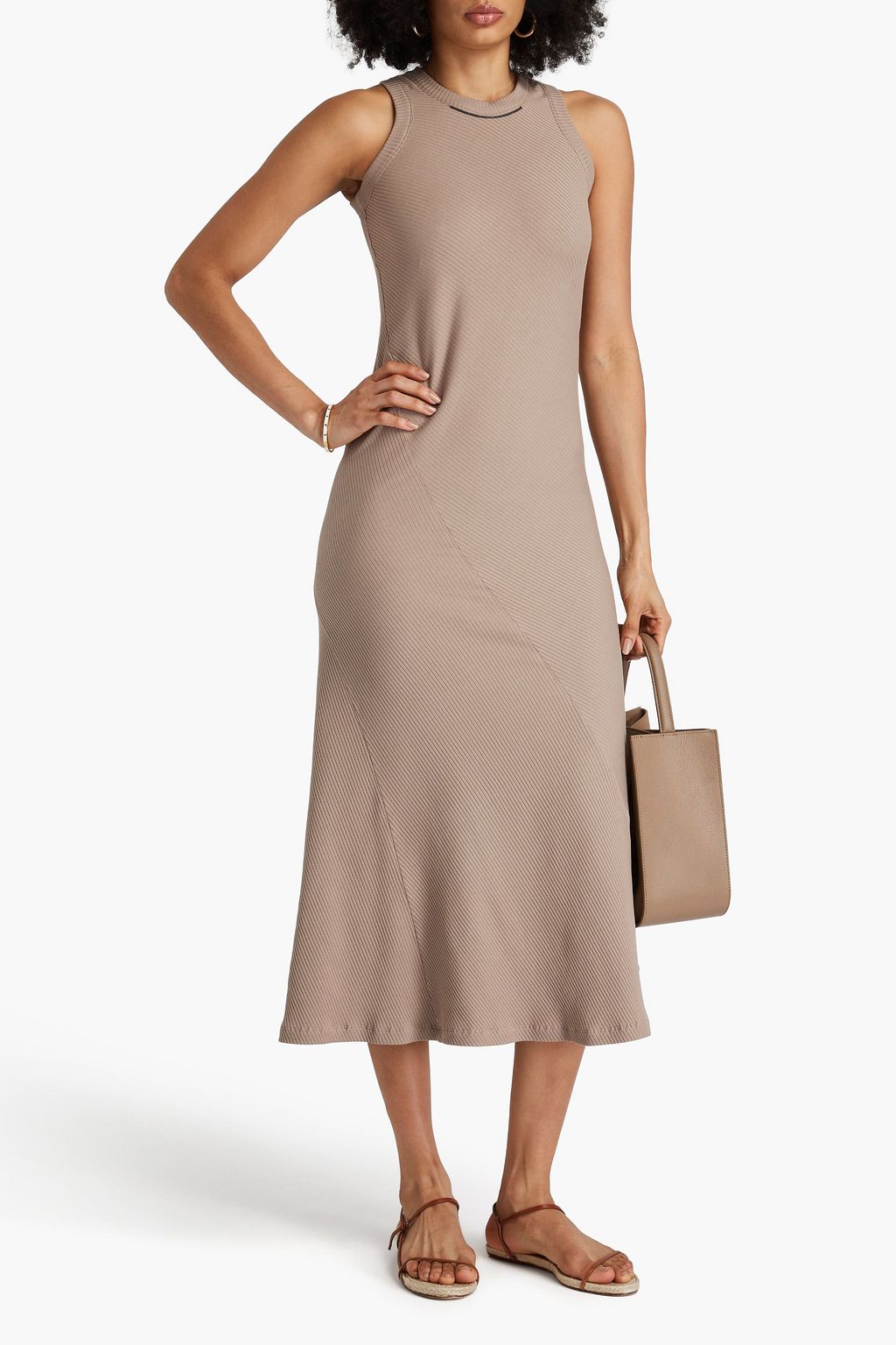 BRUNELLO CUCINELLI Bead-embellished ribbed cotton-jersey midi dress