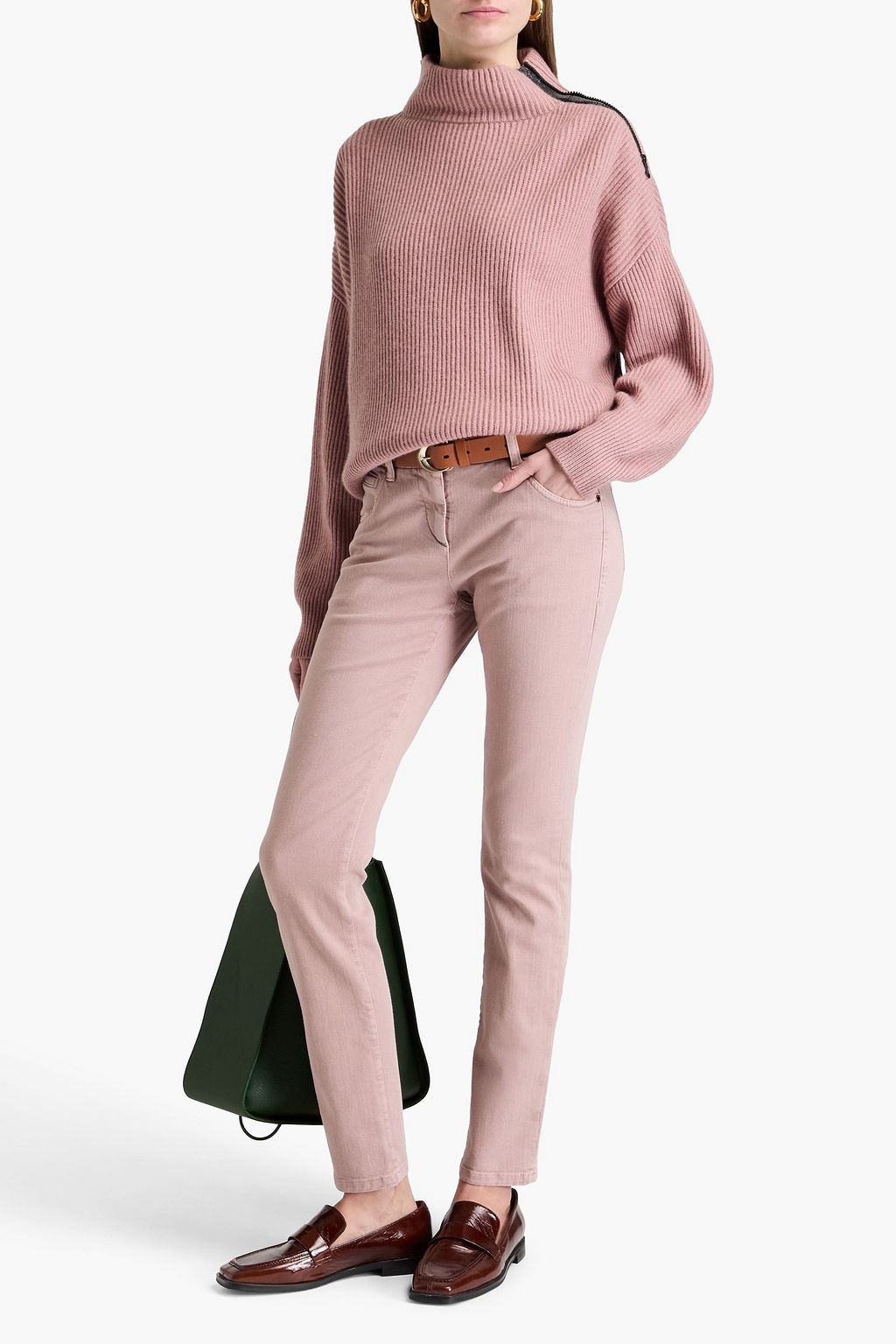 BRUNELLO CUCINELLI كنزة رياضية بياقة عالية مصنوعة من الكشمير بتصميم مضلّع ومزينة بالخرز