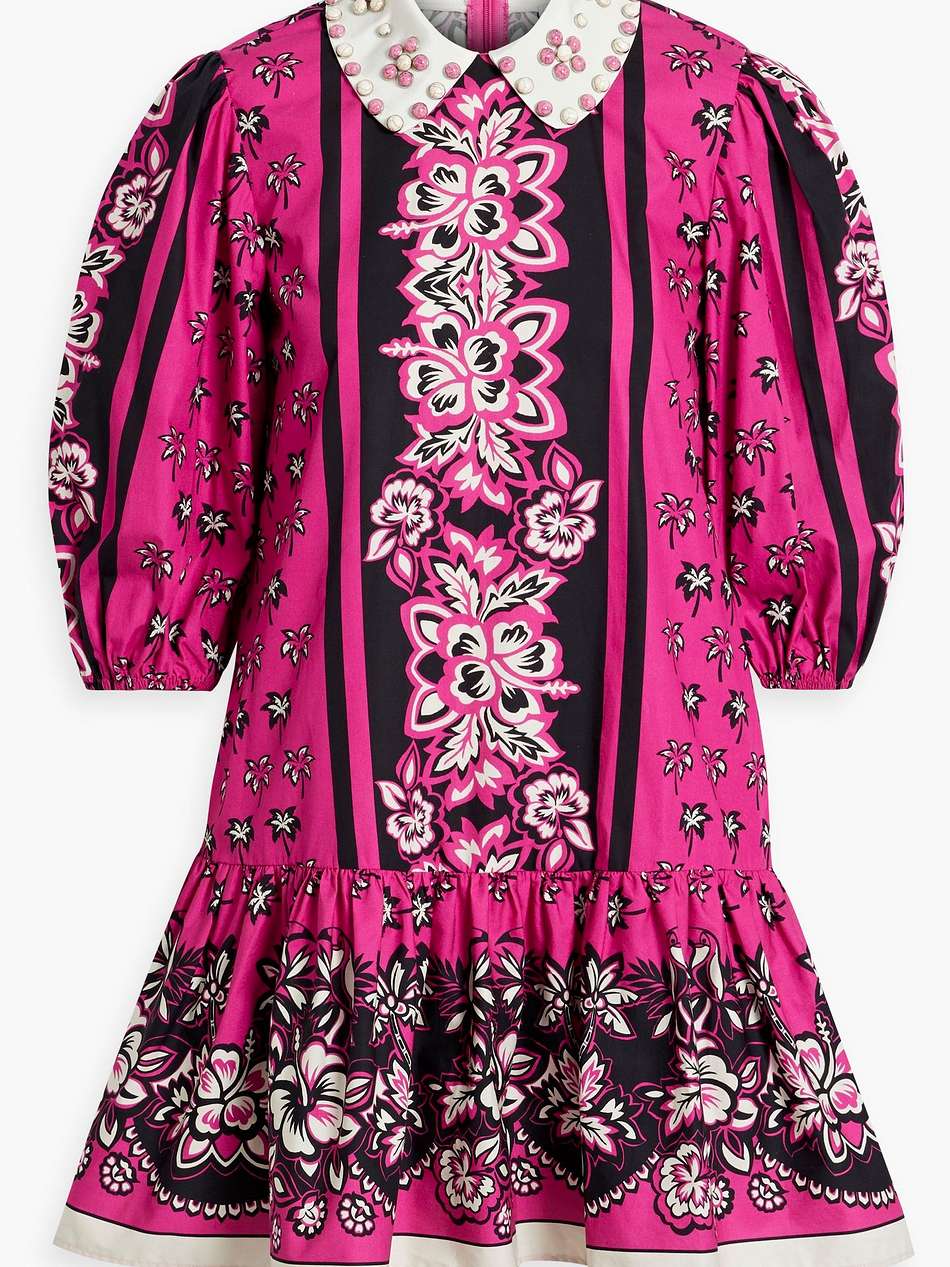 embellished floral-print cotton-poplin mini dress