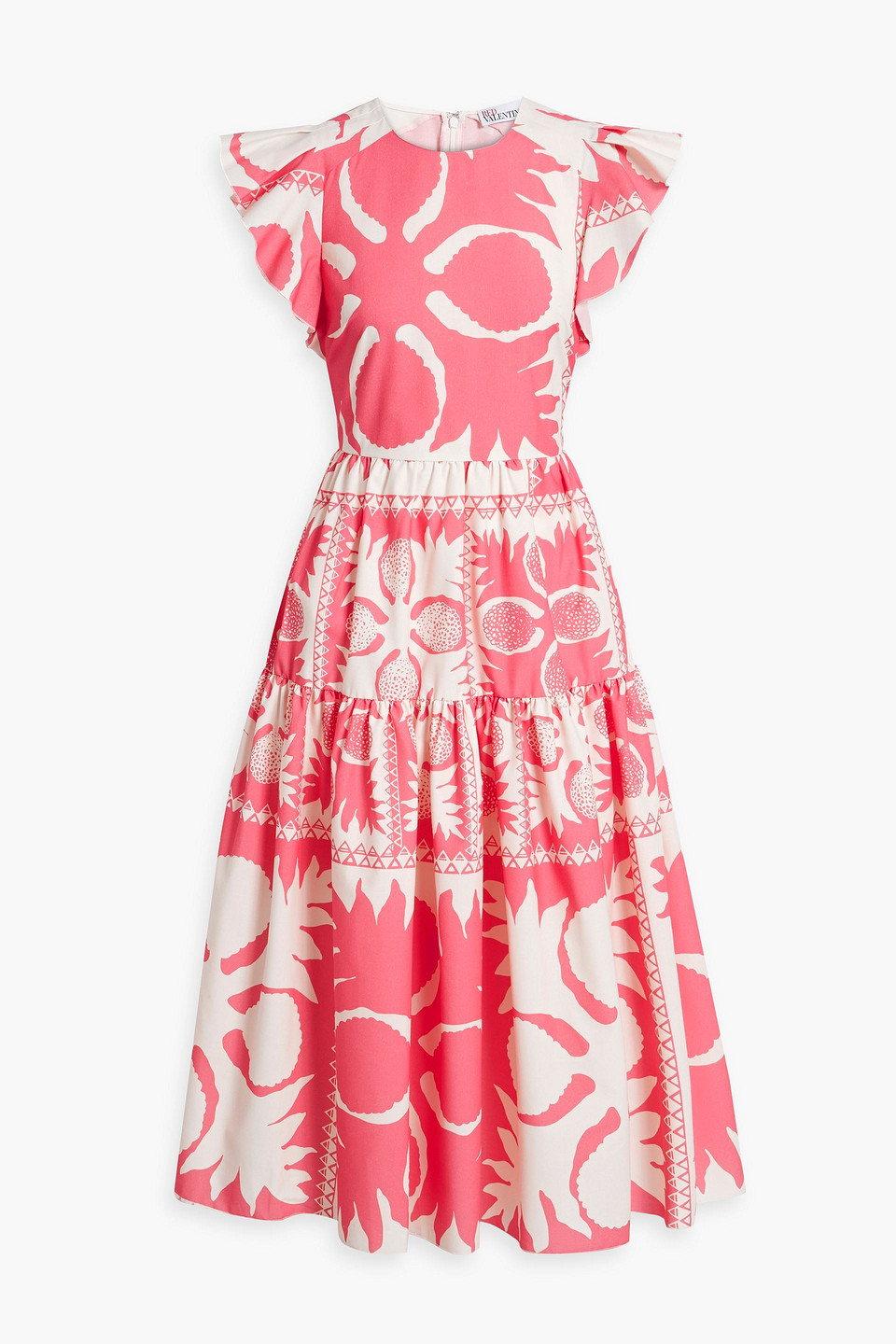 Red Valentino Tiered Printed Poplin Midi Dress In Pink