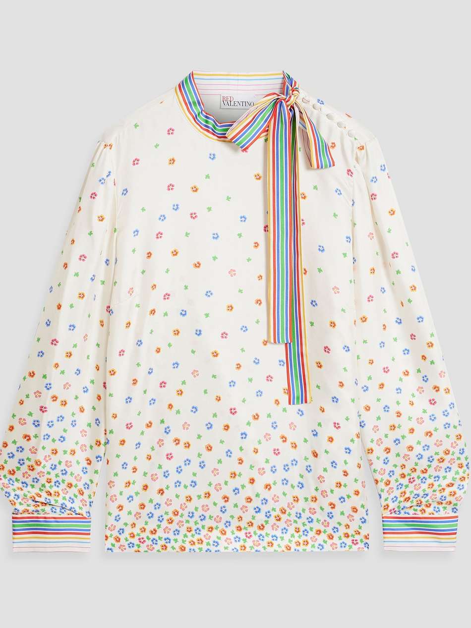 pussy-bow floral-print silk-twill blouse