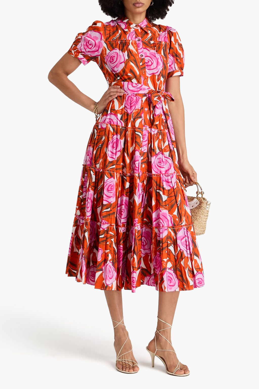 DIANE VON FURSTENBERG コットン混ポプリン ミディシャツワンピース フローラルプリント
