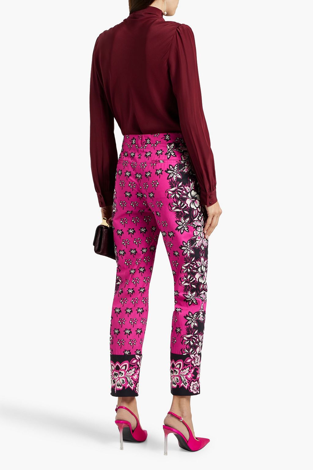 REDVALENTINO Cropped printed cotton-poplin slim-leg pants