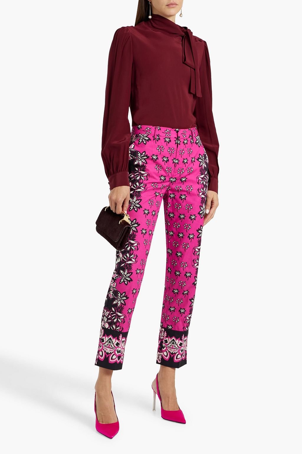 REDVALENTINO Cropped printed cotton-poplin slim-leg pants