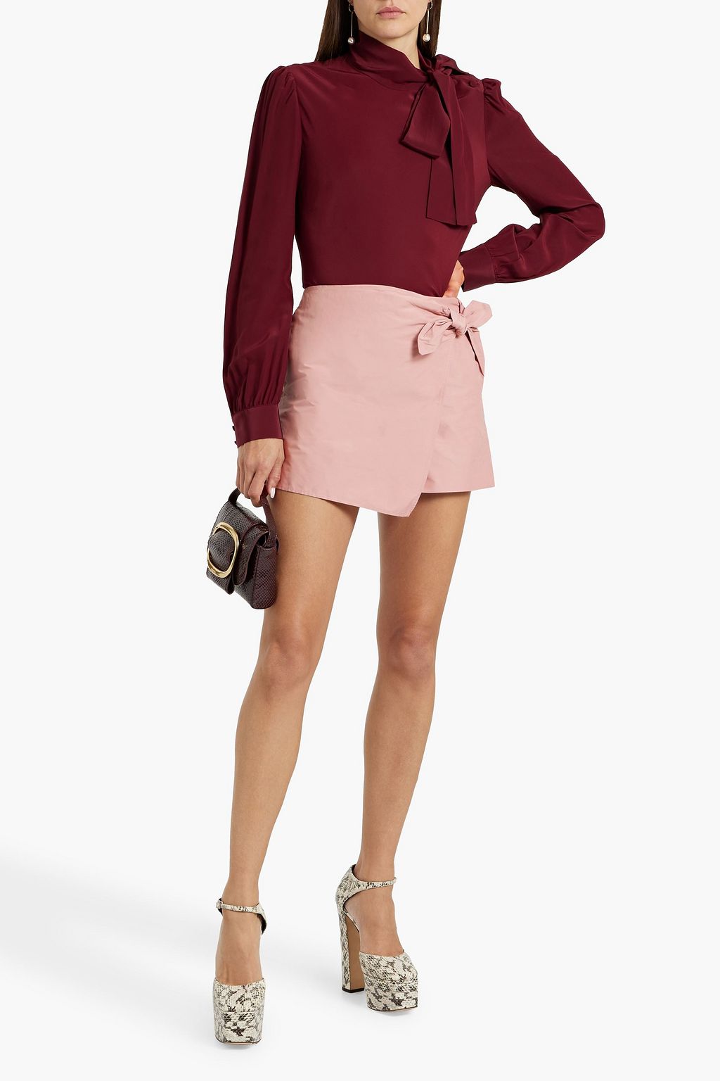 REDVALENTINO Skirt-effect bow-detailed cotton-blend poplin shorts