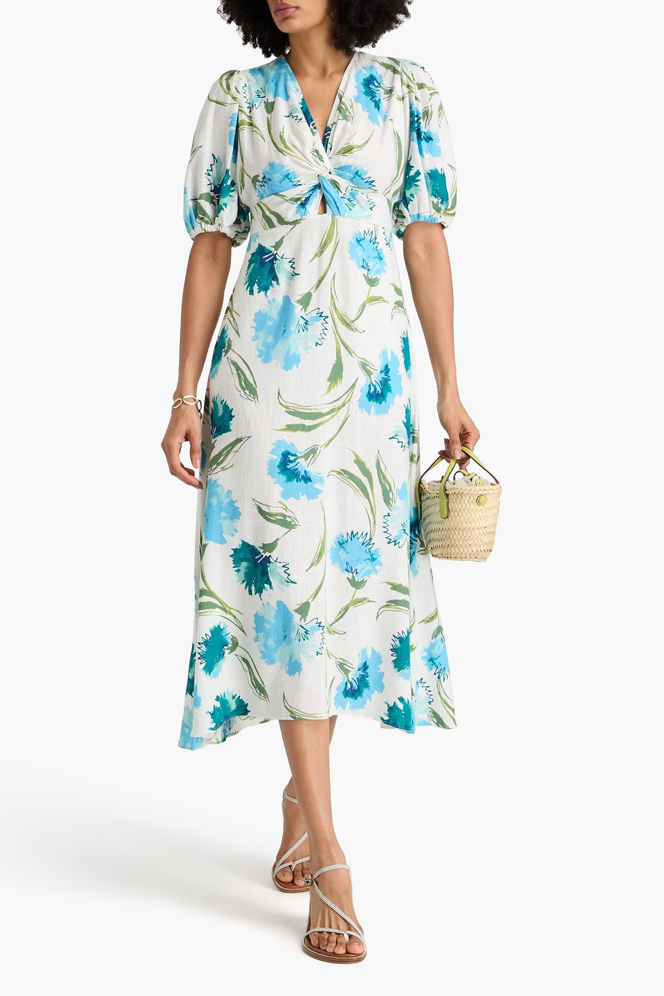 Diane Von Furstenberg Majorie Floral-print Slub Woven Midi Dress In Ivory