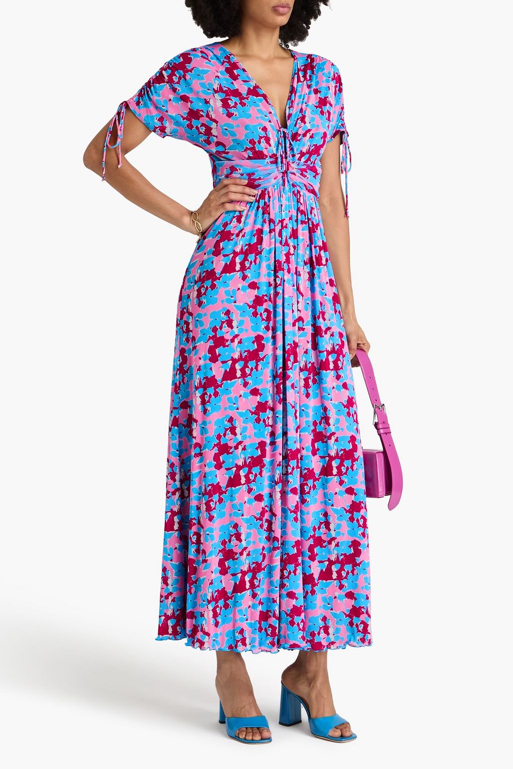 DIANE VON FURSTENBERG ストレッチチュール ミディワンピース ギャザー&プリント入り