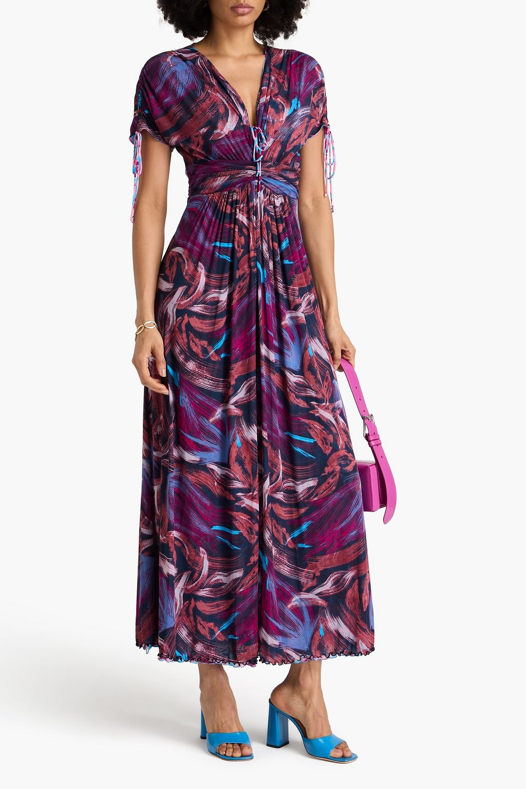 DIANE VON FURSTENBERG ストレッチチュール ミディワンピース ギャザー&プリント入り