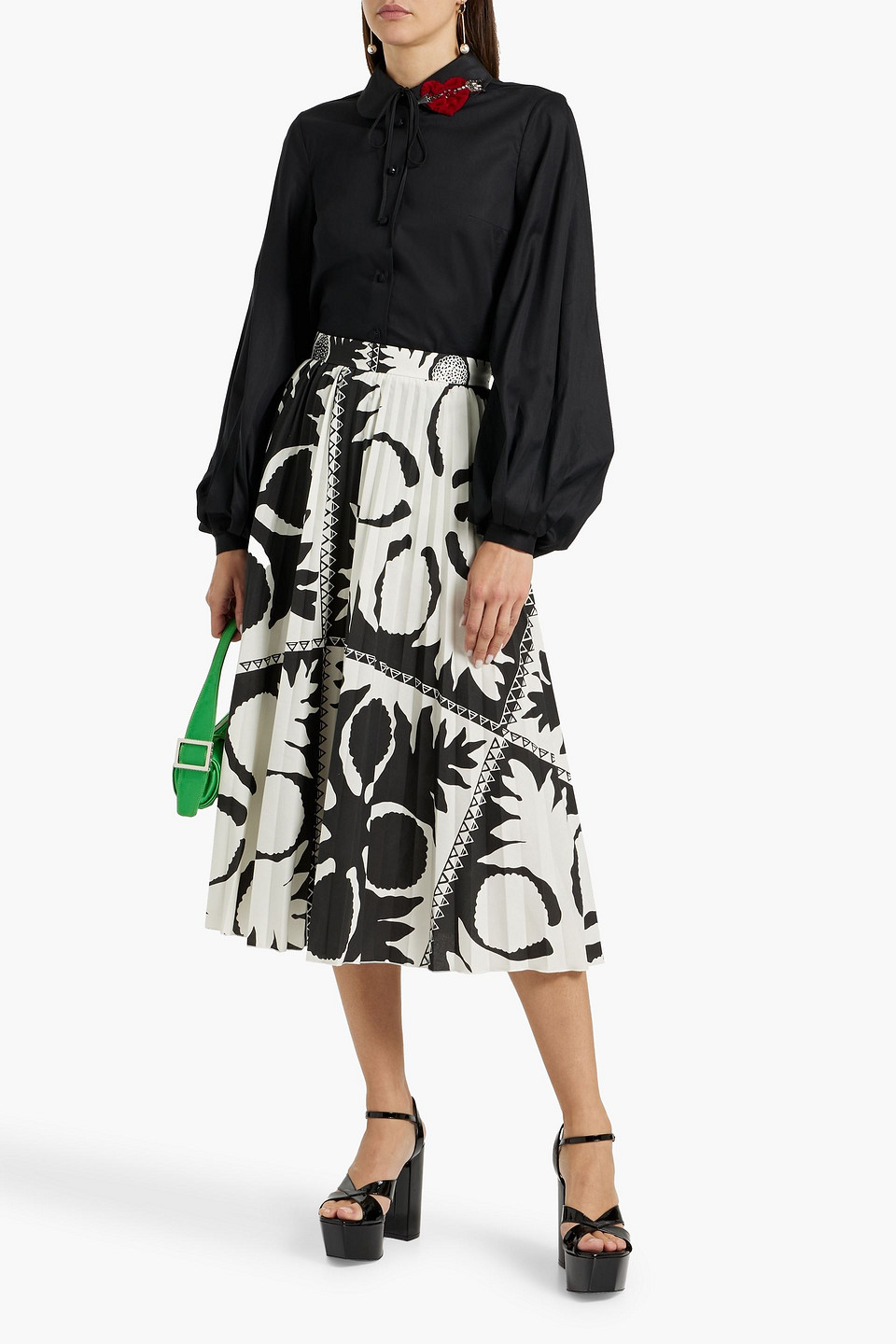 Red Valentino Pleated Printed Twill Midi Skirt In Black