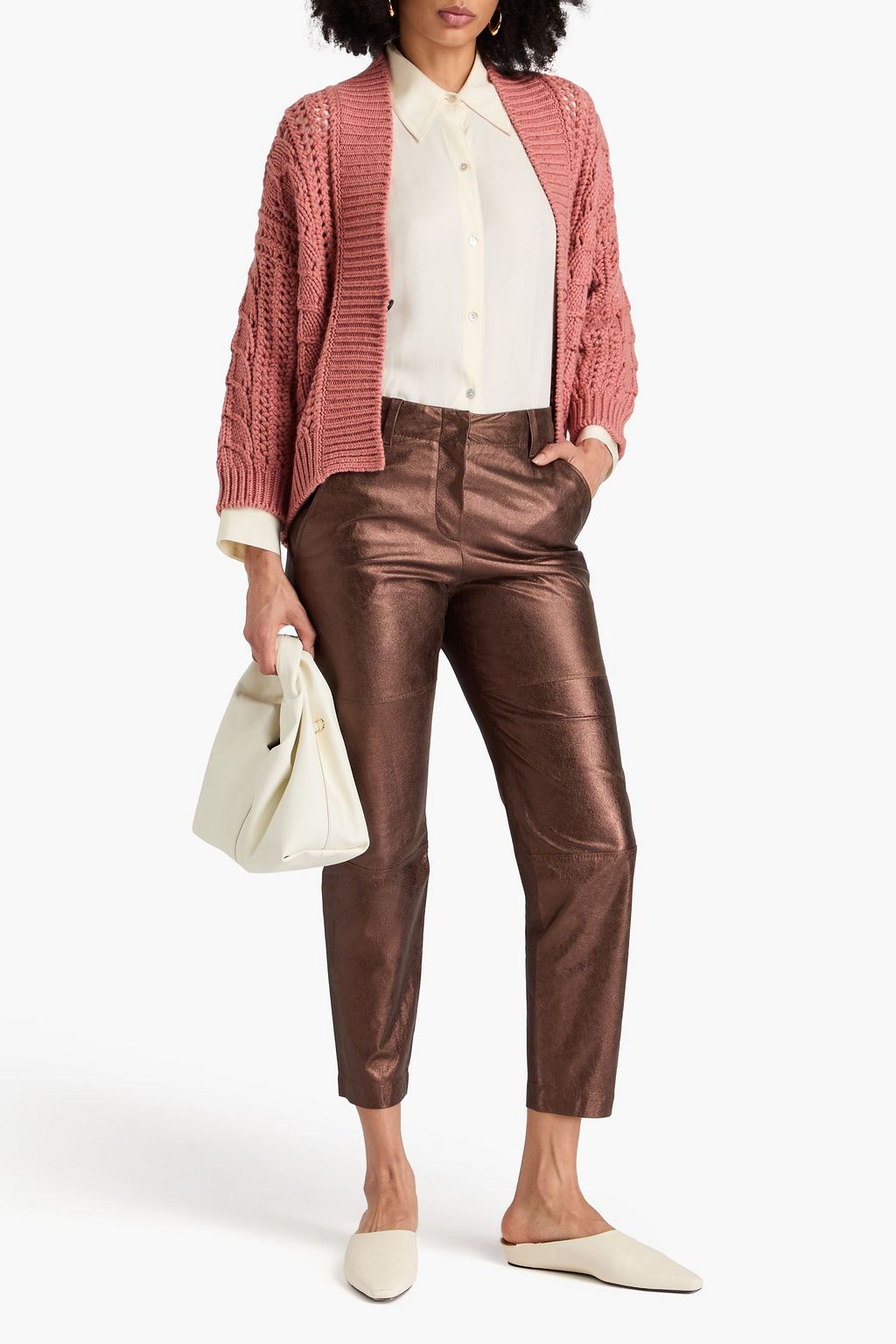 BRUNELLO CUCINELLI Karottenhose aus Narbenleder mit Metallic-Effekt
