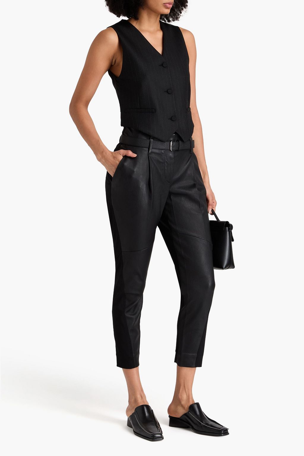 BRUNELLO CUCINELLI Wool-blend paneled stretch-leather tapered pants