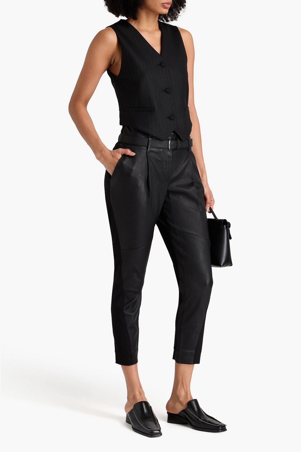  Brunello Cucinelli - Karottenhose Aus Stretch-leder Mit Einsätzen Aus Einer Wollmischung - Schwarz - It 36 