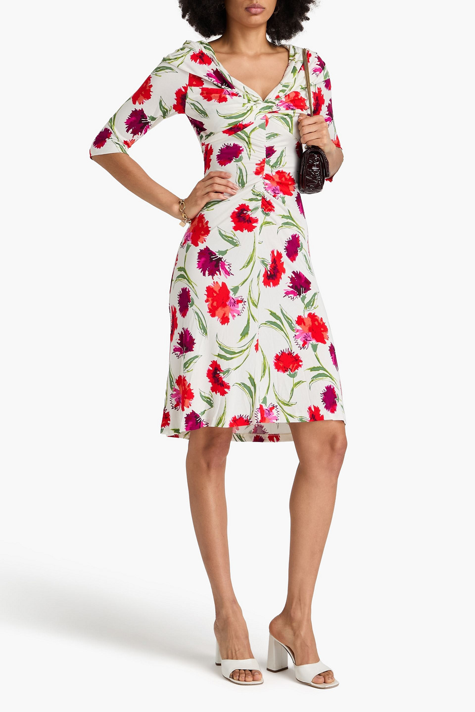 Diane Von Furstenberg Jim Ruched Floral-print Jersey Dress In Rot