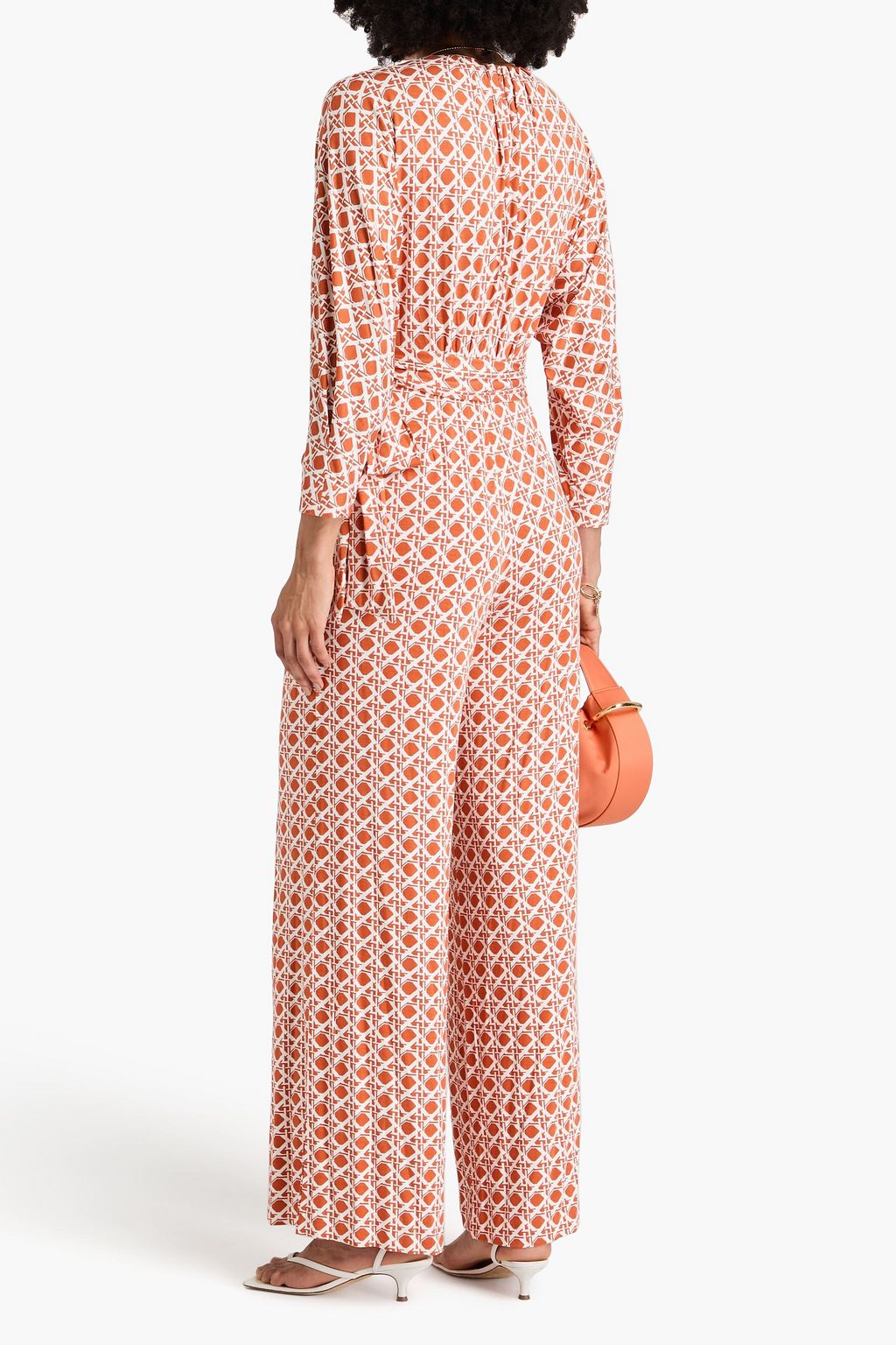 DIANE VON FURSTENBERG جمبسوت Aurelia من جيرسي بأرجل واسعة وبتأثير مزموم ومزين بطبعات