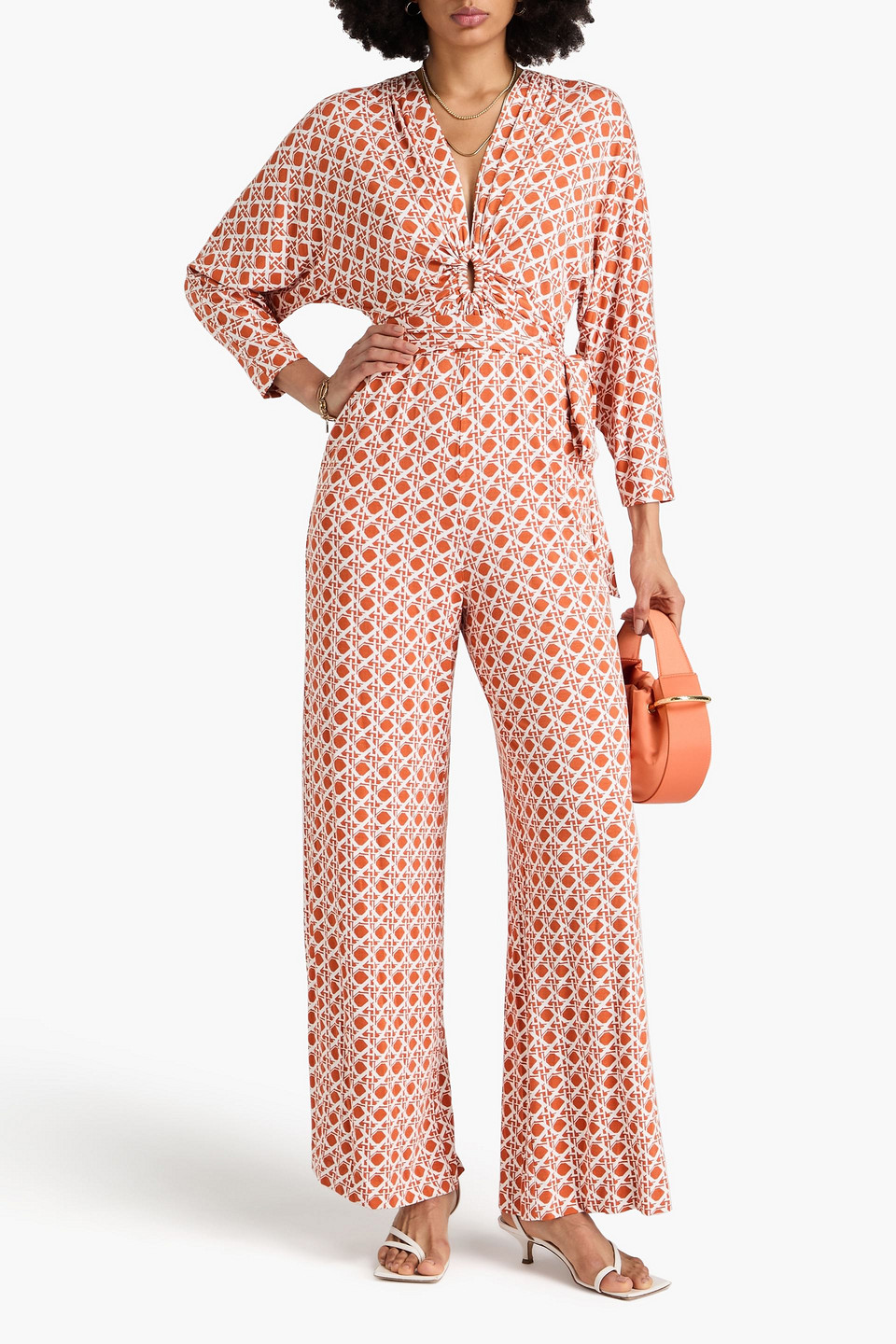 Diane Von Furstenberg Aurelia Ruched Printed Jersey Wide-leg Jumpsuit In Brick