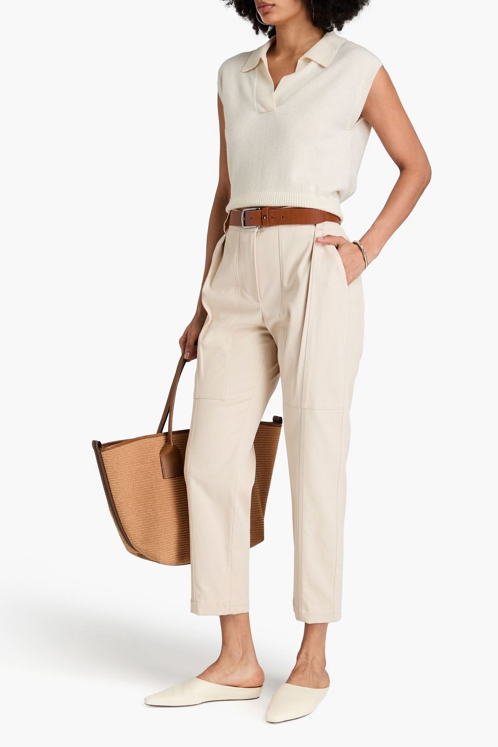 BRUNELLO CUCINELLI Cropped pleated stretch-cotton twill tapered pants