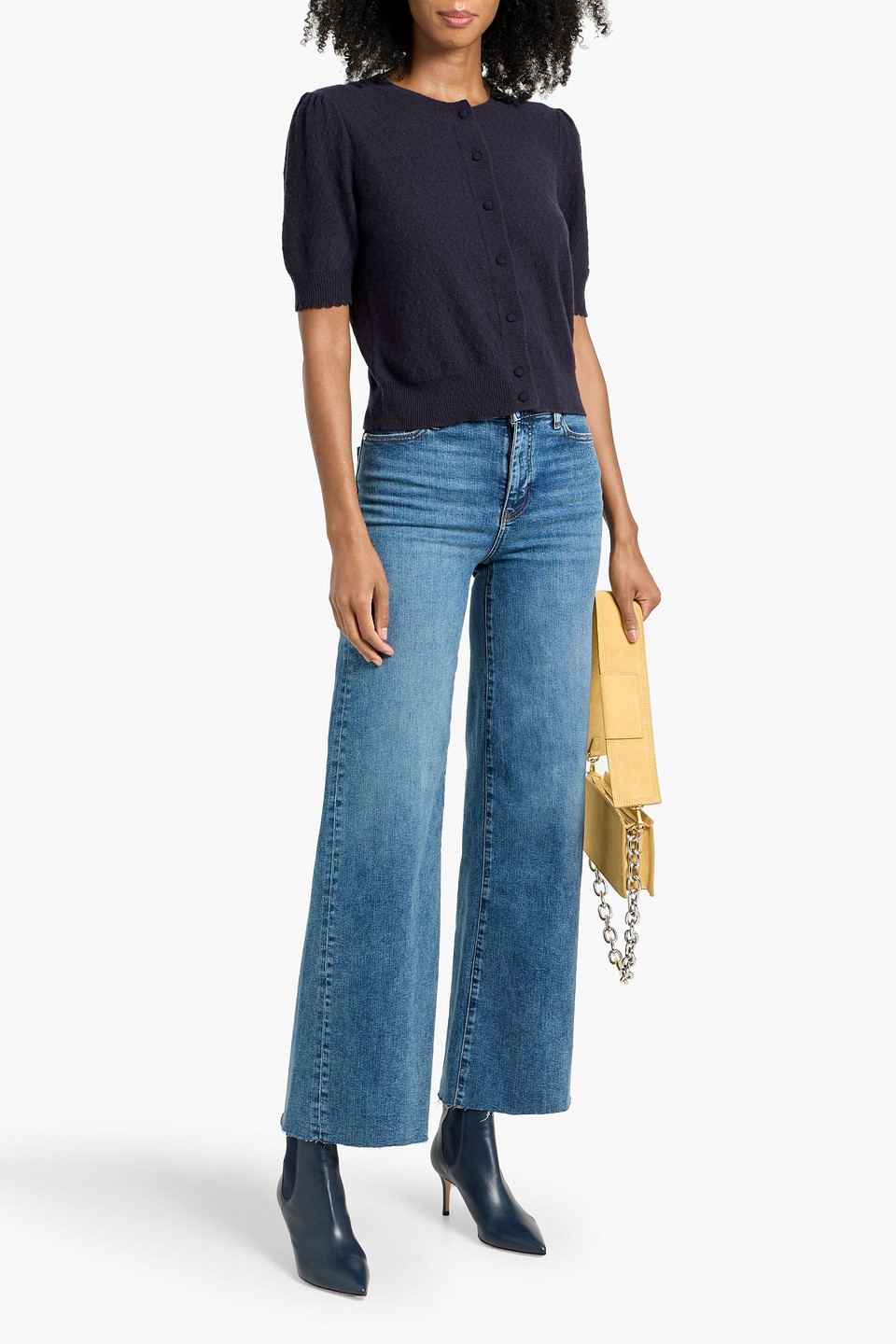 Frame The Cashmere Pointelle Puff Sleeve Cardigan In Blue