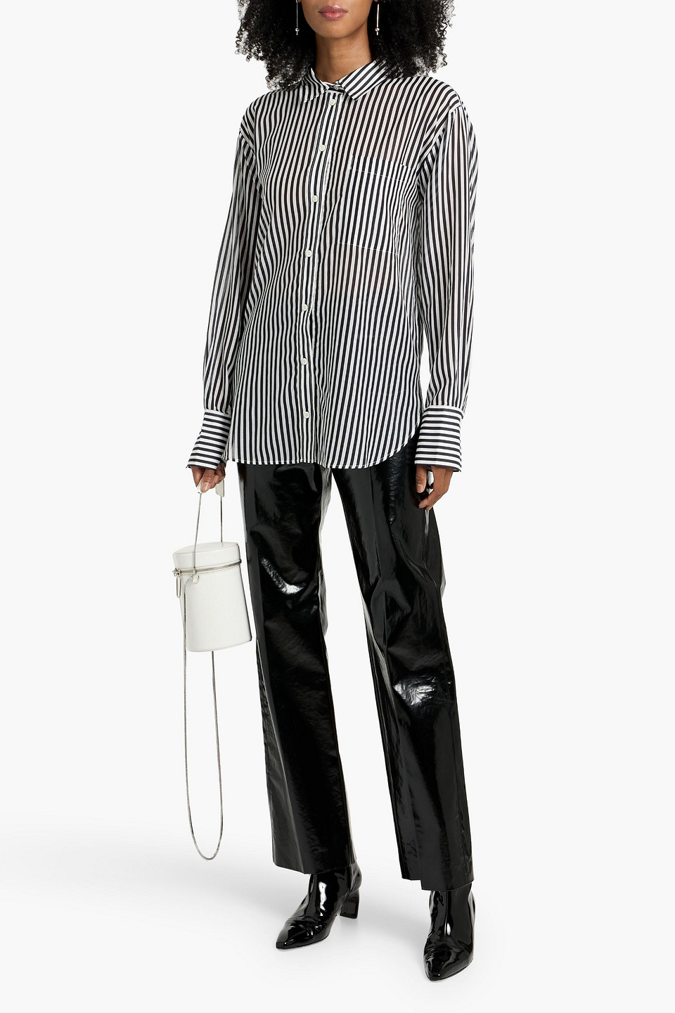 Frame The Oversized Pocket Striped Cotton And Silk-blend Shirt In Blue