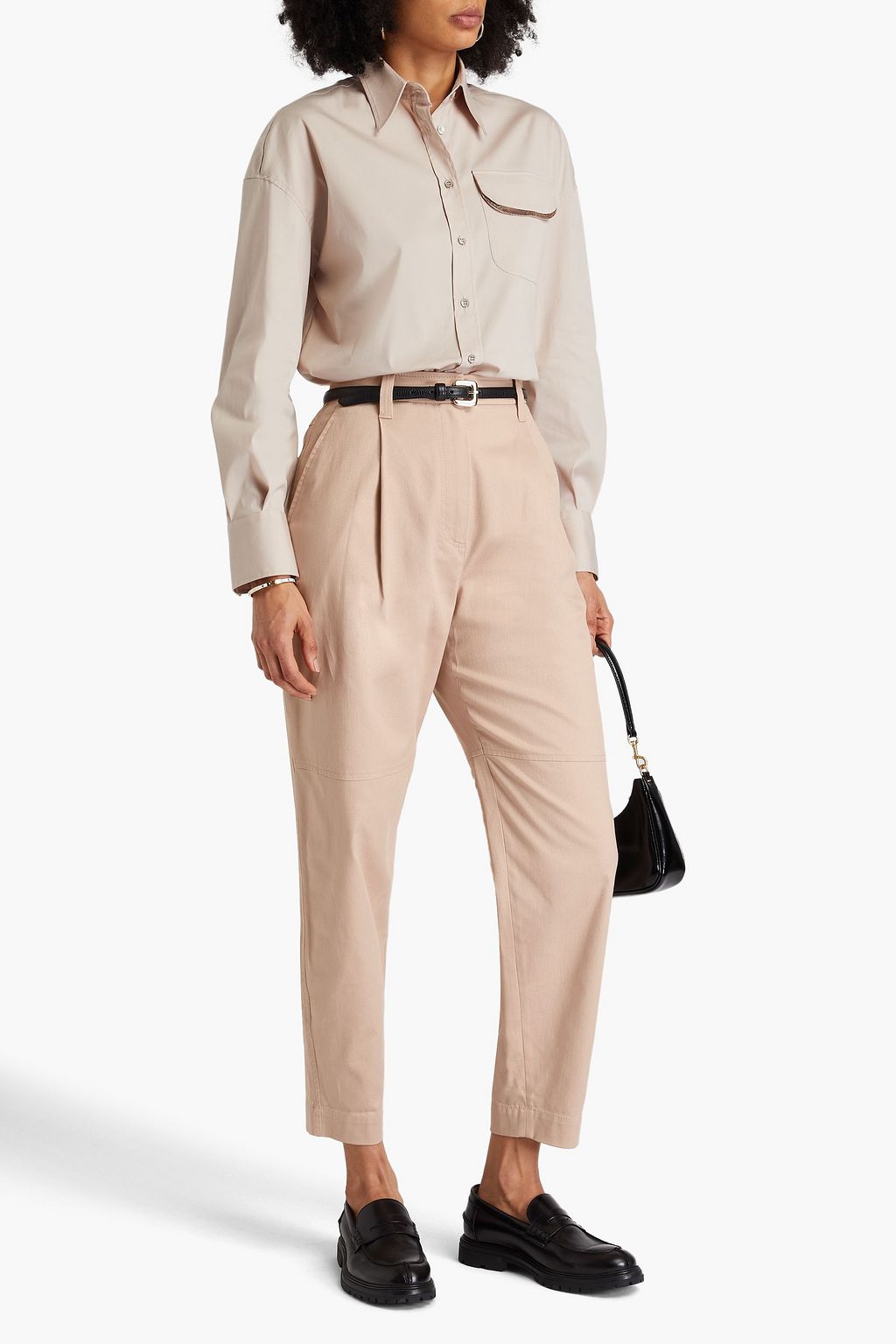 BRUNELLO CUCINELLI Bead-embellished pleated cotton-twill tapered pants